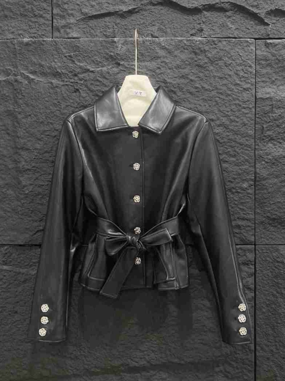 CHANEL Black Leather Tie-Waist Jacket with Crystal Buttons